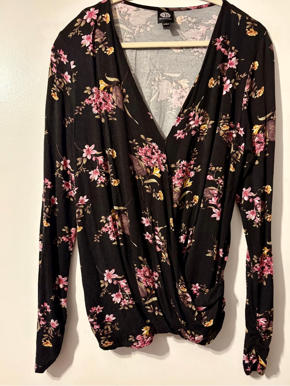 Bonsai Black Floral Wrap Long Sleeve Top with Pink and Yellow Accents